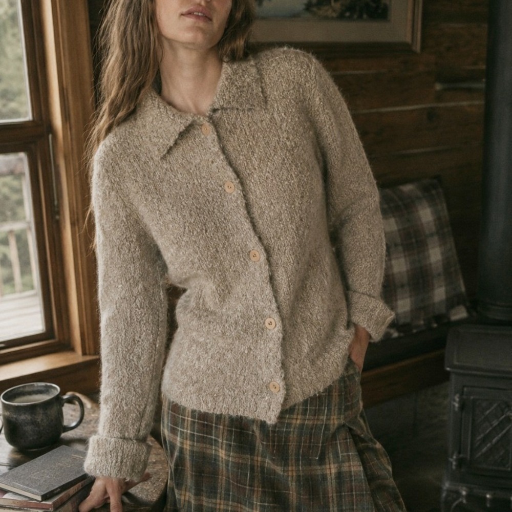 Laura Ashley 90s Merino Wool Kid Mohair Tan Cardigan Sweater Small Luxe Elevated